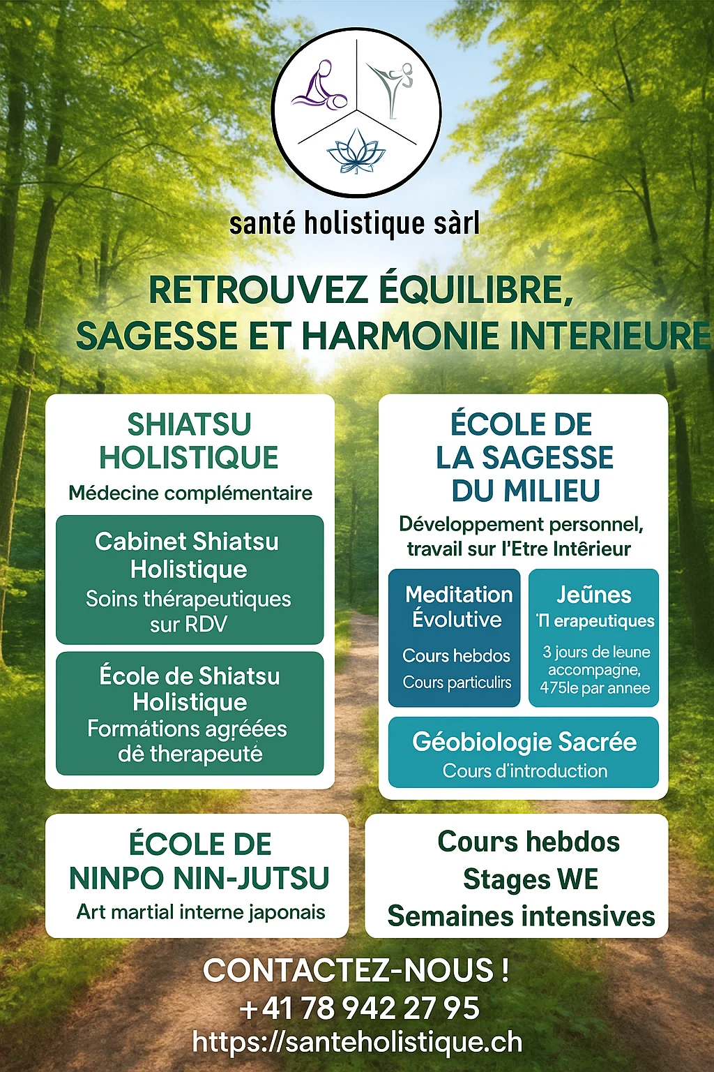 Lire la suite à propos de l’article Santé Holistique à Posieux (Fribourg) – Shiatsu, Taï Chi, Méditation, Jeûne Thérapeutique, Géobiologie et Ninpo Nin-Jutsu