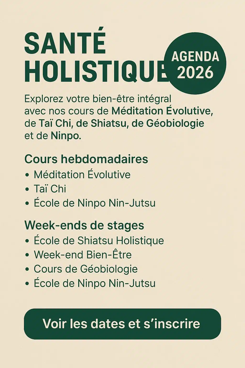 Lire la suite à propos de l’article Agenda des Cours 2026 – Shiatsu, Taï Chi, Méditation, Ninpo & Bien-Être – Santé Holistique Posieux