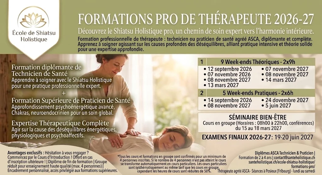 École de Shiatsu Holistique - Formations pro ASCA 2026-27 Formation professionnelle de Technicien de Santé en Shiatsu Holistique à Posieux. 576h agréées ASCA sur 2 ans (max 4 élèves). Journée découverte gratuite.