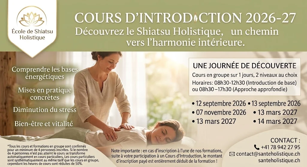 Découvrez le Shiatsu Holistique à Posieux (Fribourg). Cours d'intro au massage du dos (4h ou 8h). Sans prérequis. Montant déductible de la formation.