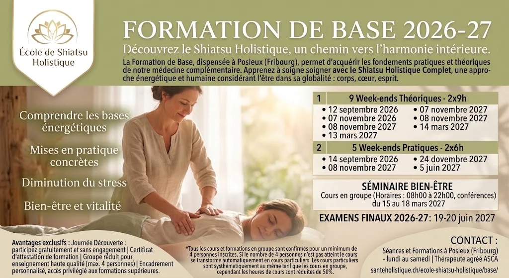 3. Titre SEO (60 caractères max) Formation de Base Shiatsu Holistique | Posieux Fribourg Formation de Base en Shiatsu Holistique à Posieux (Fribourg). 288h de cours, max 4 élèves par groupe. Prochaine session 2026-27. Journée d'essai gratuite.
