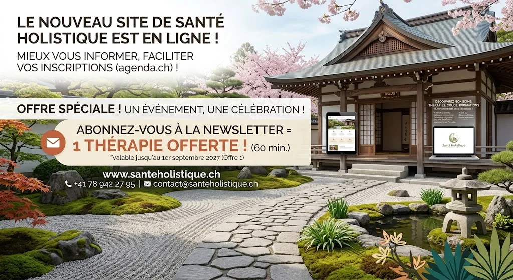 Newsletter Santé Holistique sàrl / Posieux, Suisse Abonnez-vous ou réservez un service et 1 thérapie de 60 min vous est offerte! - Offre 1*: Pour toute inscription à notre Newsletter, Santé Holistique vous offre 1 Thérapie de 60 minutes vous est offerte! (offre valable jusqu'au 1er septembre 2027) - Offre 2*: Pour toute réservation ferme d'un soin, d'une thérapie, d'un cours ou d'une formation, Santé Holistique vous offre 1 Thérapie de 60 minutes vous est offerte! (offre valable jusqu'au 31 décembre 2026)