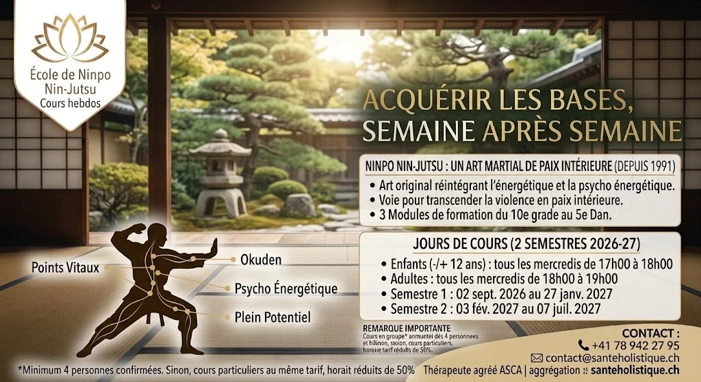 Cours hebdomadaires de Ninpo Nin-Jutsu à Posieux (Fribourg) pour enfants, ados et adultes. Art martial interne, self-défense et sérénité. Inscriptions 2026-27.