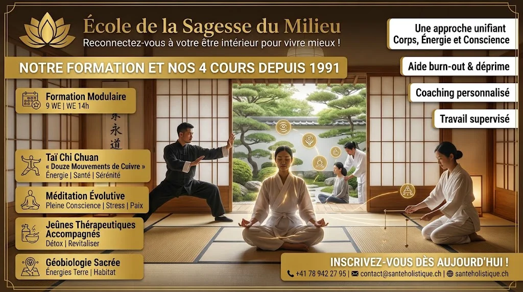 École de la Sagesse du Milieu à Posieux (Fribourg). Formation modulaire, Taï Chi, Méditation Évolutive, Jeûne & Géobiologie Sacrée depuis 1991.
