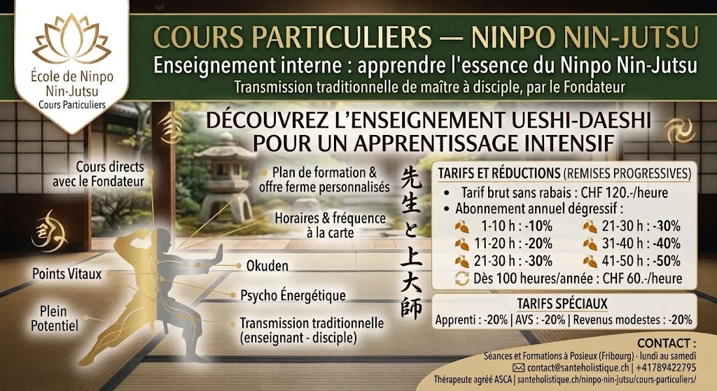 Cours Particuliers Ninpo Nin-Jutsu | Posieux Fribourg Cours particuliers de Ninpo Nin-Jutsu à Posieux (Fribourg). Transmission traditionnelle Ueshi-Daeshi avec le Fondateur. Horaires et devis sur mesure.