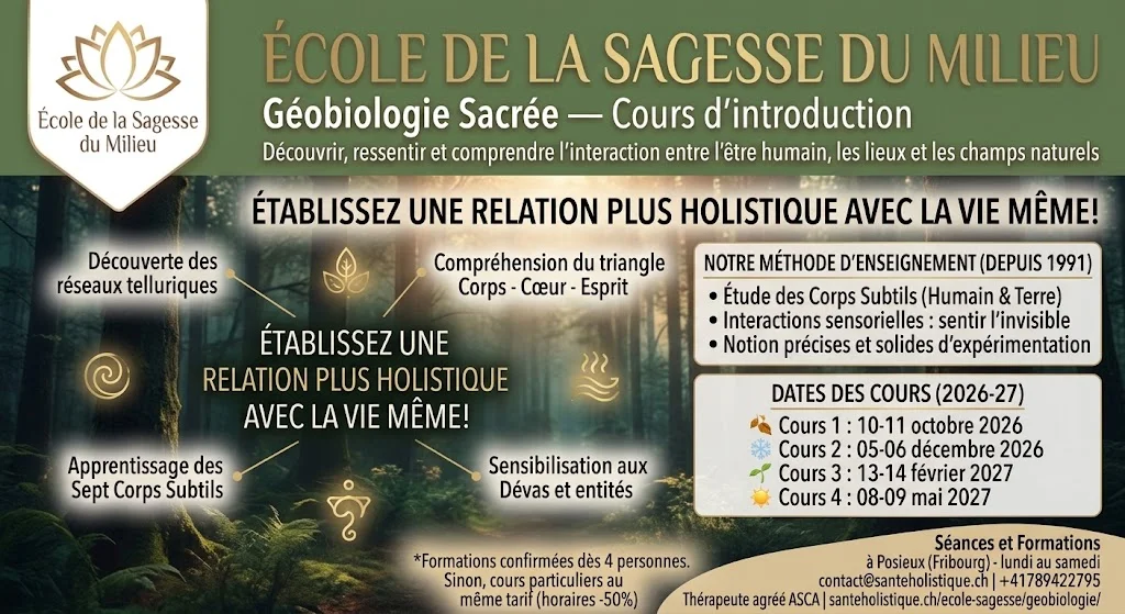 Cours d'Introduction Géobiologie Sacrée | Posieux Fribourg Cours de Géobiologie Sacrée à Posieux (Fribourg). Découvrez les réseaux telluriques, les 7 corps subtils et apprenez à ressentir l'invisible sur 1 week-end.