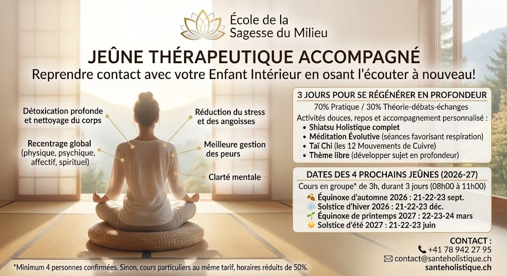 Jeûne Thérapeutique Accompagné à Fribourg | Sagesse du Milieu 3 jours de jeûne thérapeutique accompagné à Posieux (Fribourg) aux solstices et équinoxes. Détox, Shiatsu, Méditation & Taï Chi. Régénérez votre corps.