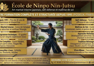 École de Ninpo Nin-Jutsu à Posieux (Fribourg) depuis 1991. Art martial japonais interne, self-défense, maîtrise de soi & énergie vitale. Enfants & adultes.