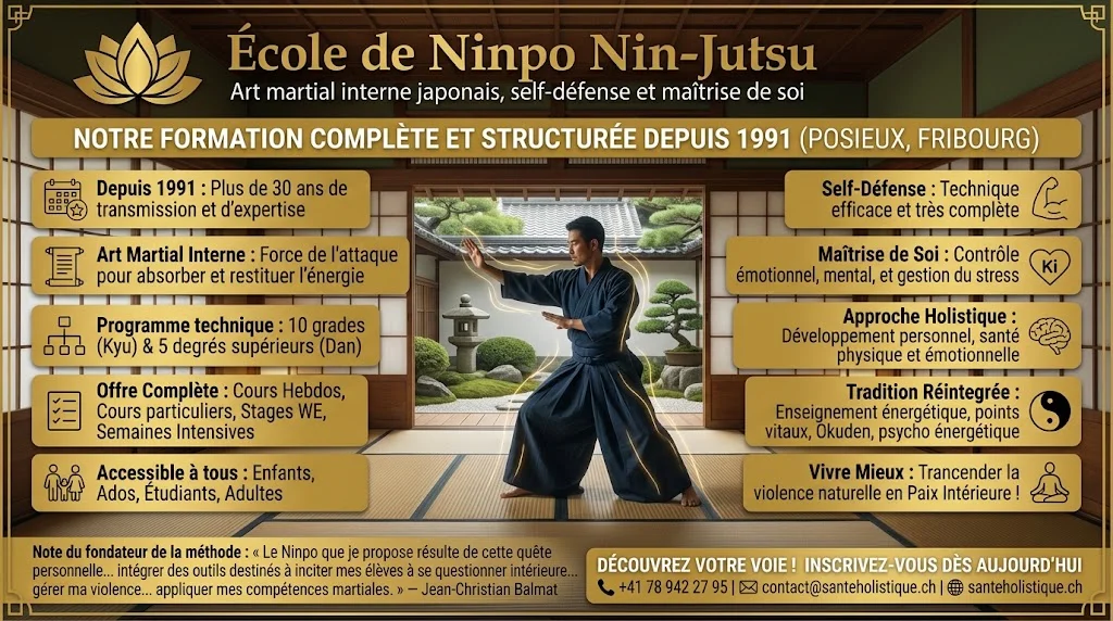 École Ninpo Nin-Jutsu Fribourg | Art Martial & Self-Défense École de Ninpo Nin-Jutsu à Posieux (Fribourg) depuis 1991. Art martial japonais interne, self-défense, maîtrise de soi & énergie vitale. Enfants & adultes.